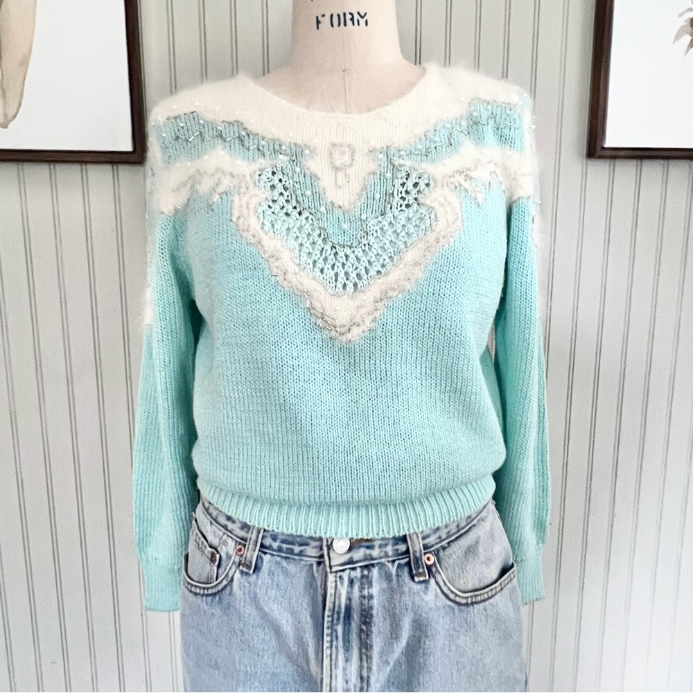 Christine Vintage Angora Fur and Beaded Light Blue Pullover Sweater Beautiful